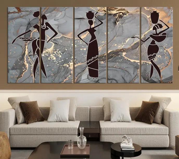 Abstract African Women Silhouette Wall Art | 3-Panel Gold and Gray Marble Texture Canvas Print | Modern Ethnic Decor for Dining Room, Living Room Print