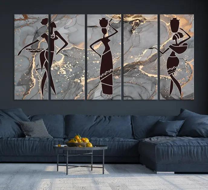 Abstract African Women Silhouette Wall Art | 3-Panel Gold and Gray Marble Texture Canvas Print | Modern Ethnic Decor for Dining Room, Living Room Print