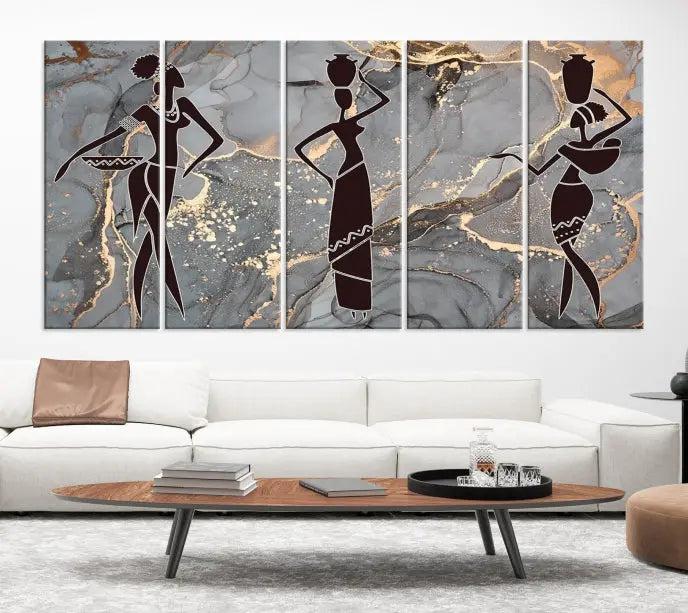 Abstract African Women Silhouette Wall Art | 3-Panel Gold and Gray Marble Texture Canvas Print | Modern Ethnic Decor for Dining Room, Living Room Print