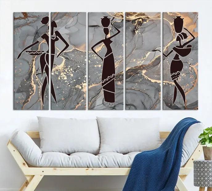 Abstract African Women Silhouette Wall Art | 3-Panel Gold and Gray Marble Texture Canvas Print | Modern Ethnic Decor for Dining Room, Living Room Print