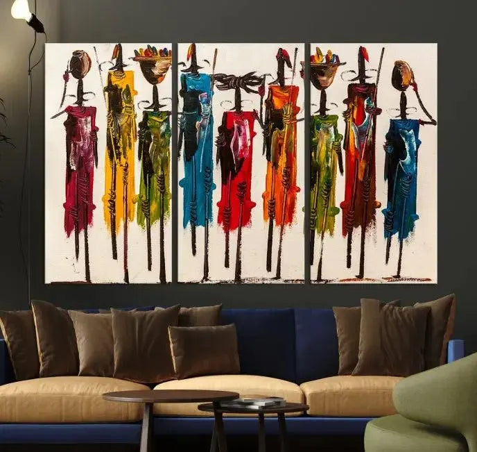 Abstract African Women Wall Art Canvas Print featuring tall, slender figures is crafted on museum-quality canvases.