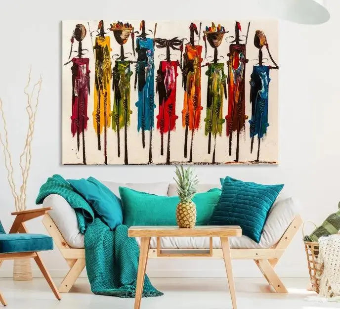 Abstract African Women Wall Art Canvas Print featuring tall, slender figures is crafted on museum-quality canvases.