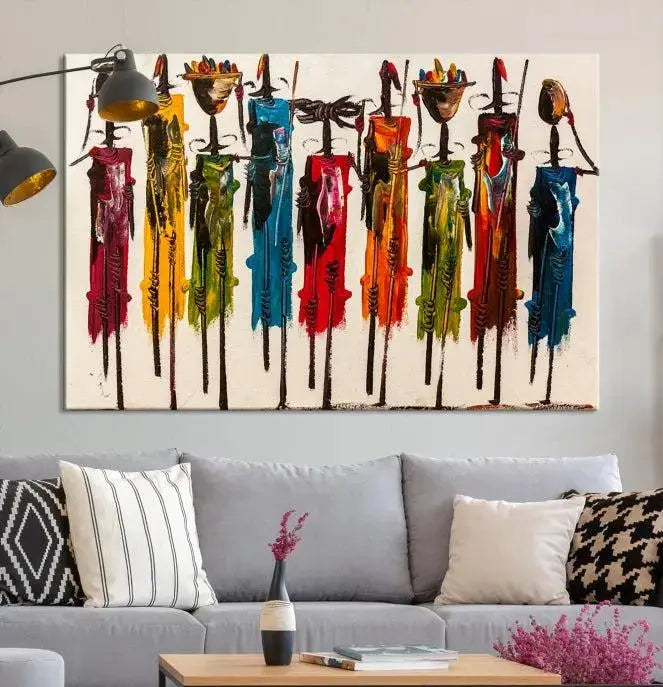 Abstract African Women Wall Art Canvas Print featuring tall, slender figures is crafted on museum-quality canvases.