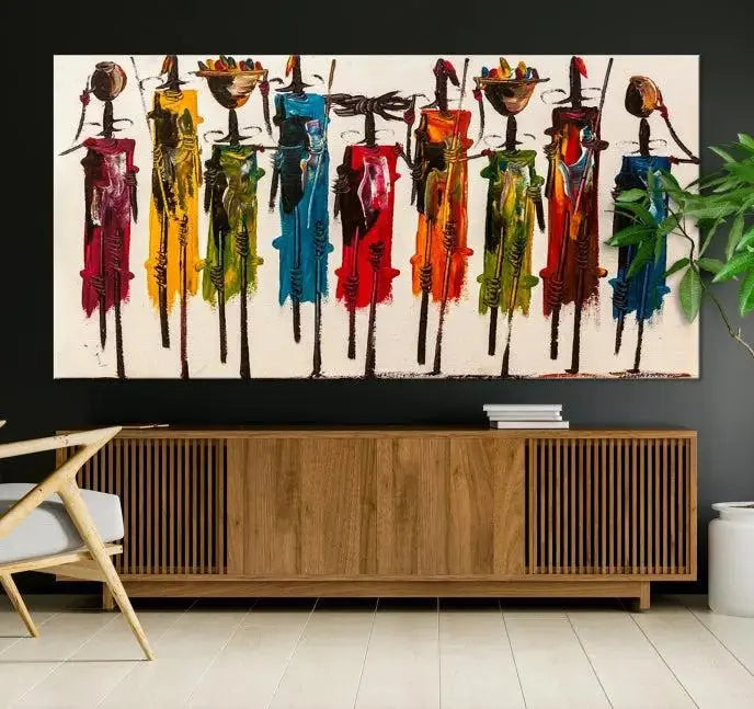 Abstract African Women Wall Art Canvas Print featuring tall, slender figures is crafted on museum-quality canvases.