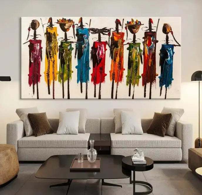 Abstract African Women Wall Art Canvas Print featuring tall, slender figures is crafted on museum-quality canvases.