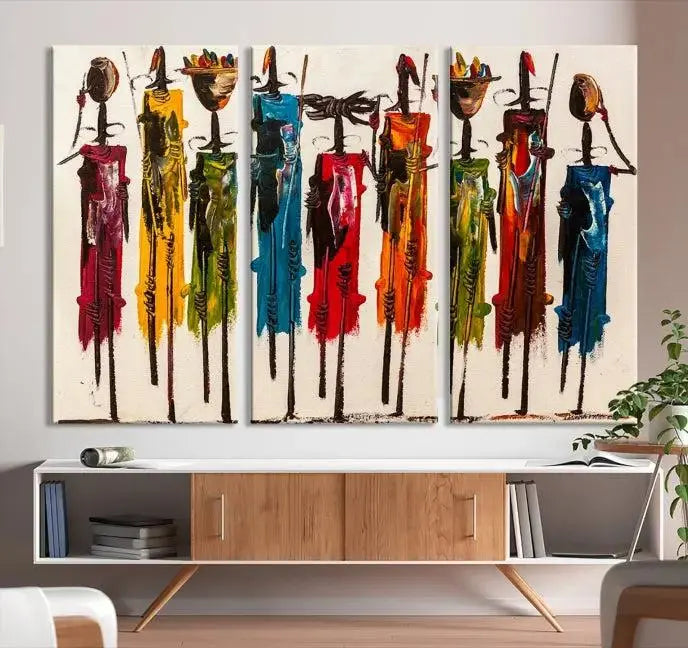 Abstract African Women Wall Art Canvas Print featuring tall, slender figures is crafted on museum-quality canvases.