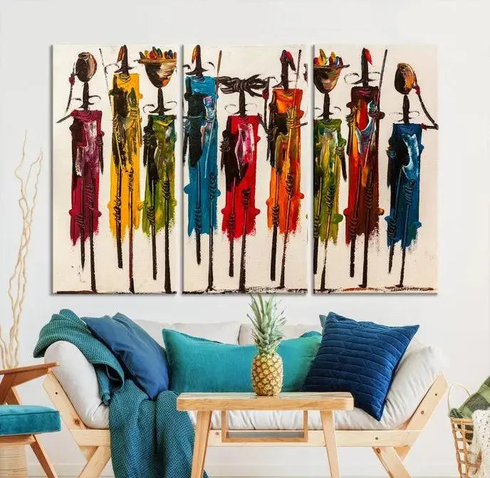 Abstract African Women Wall Art Canvas Print featuring tall, slender figures is crafted on museum-quality canvases.