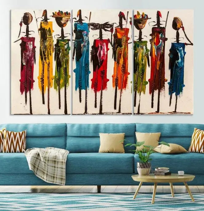 Abstract African Women Wall Art Canvas Print featuring tall, slender figures is crafted on museum-quality canvases.