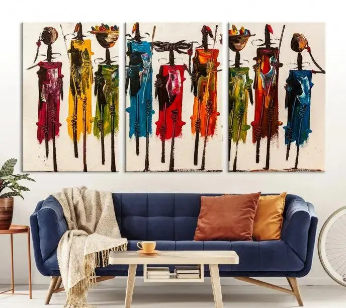 Abstract African Women Wall Art Canvas Print featuring tall, slender figures is crafted on museum-quality canvases.