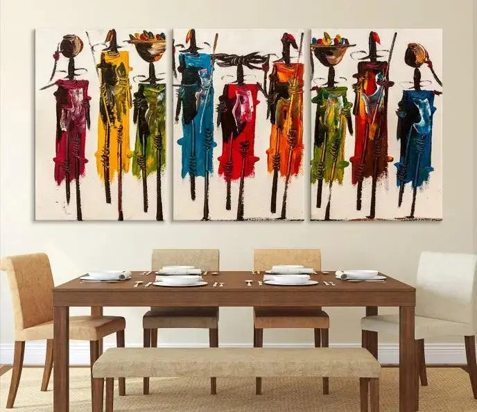 Abstract African Women Wall Art Canvas Print featuring tall, slender figures is crafted on museum-quality canvases.