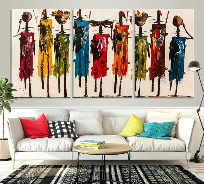 Abstract African Women Wall Art Canvas Print featuring tall, slender figures is crafted on museum-quality canvases.