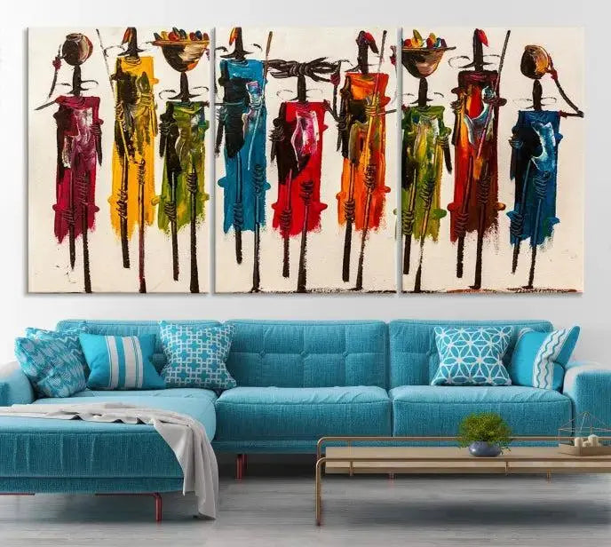 Abstract African Women Wall Art Canvas Print featuring tall, slender figures is crafted on museum-quality canvases.