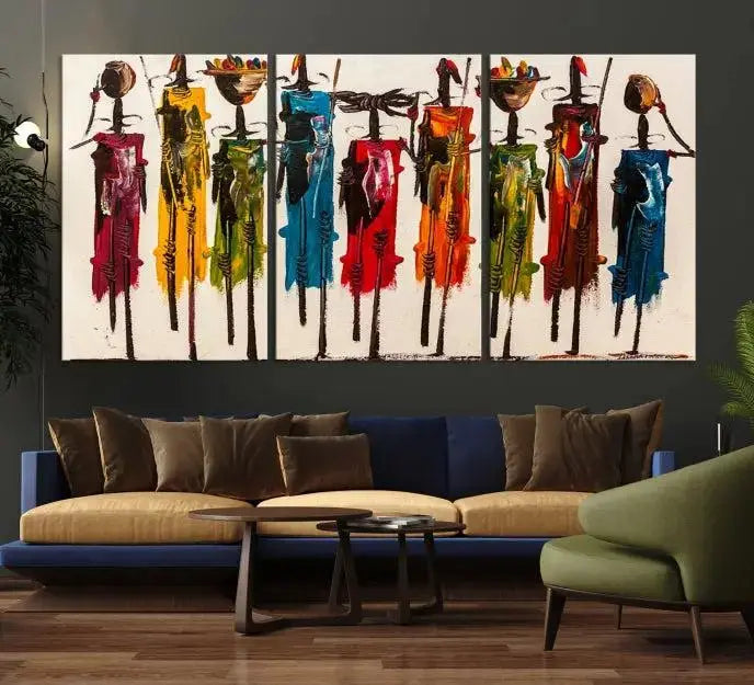 Abstract African Women Wall Art Canvas Print featuring tall, slender figures is crafted on museum-quality canvases.