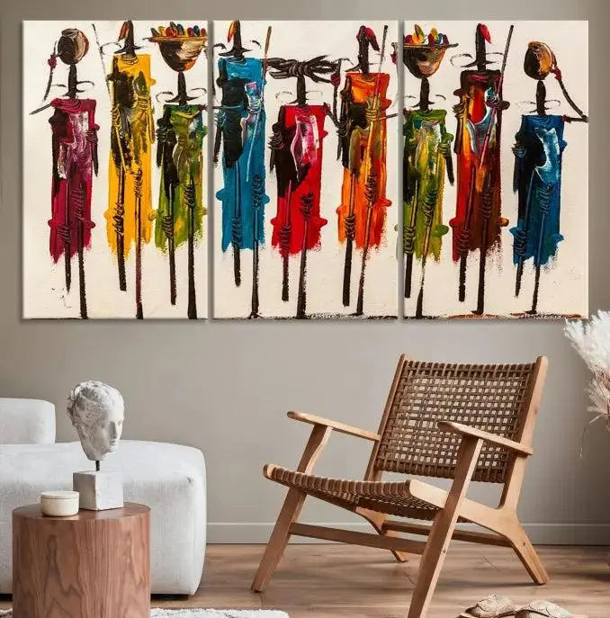 Abstract African Women Wall Art Canvas Print featuring tall, slender figures is crafted on museum-quality canvases.