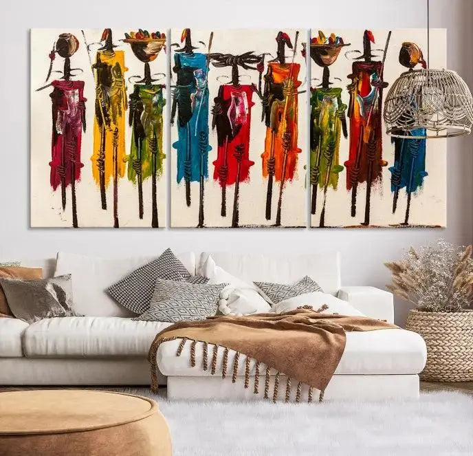 Abstract African Women Wall Art Canvas Print featuring tall, slender figures is crafted on museum-quality canvases.