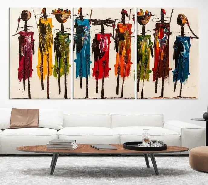 Abstract African Women Wall Art Canvas Print featuring tall, slender figures is crafted on museum-quality canvases.