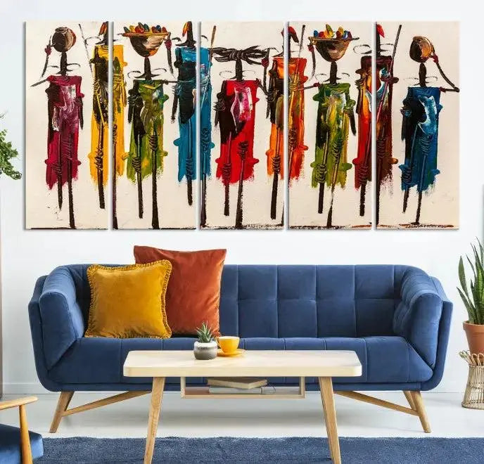 Abstract African Women Wall Art Canvas Print featuring tall, slender figures is crafted on museum-quality canvases.