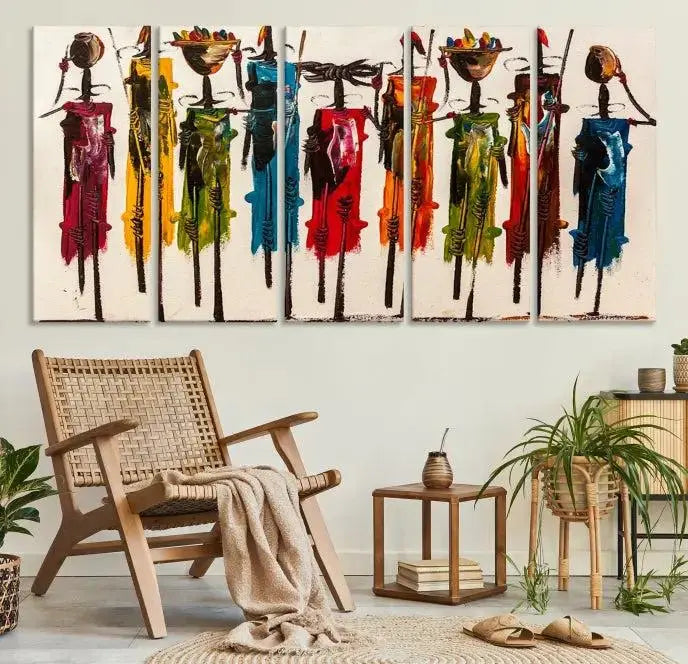 Abstract African Women Wall Art Canvas Print featuring tall, slender figures is crafted on museum-quality canvases.