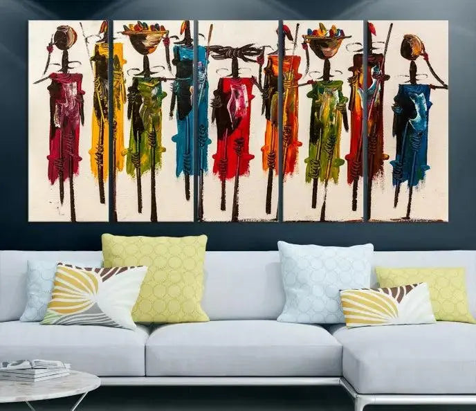 Abstract African Women Wall Art Canvas Print featuring tall, slender figures is crafted on museum-quality canvases.