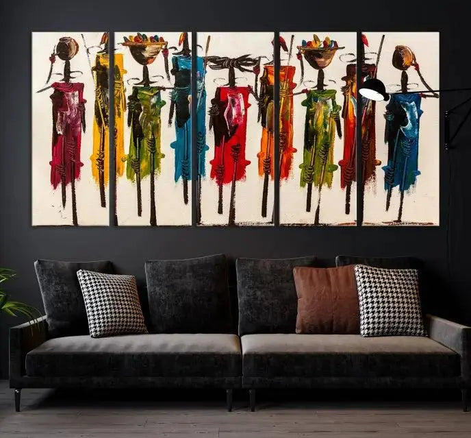 Abstract African Women Wall Art Canvas Print featuring tall, slender figures is crafted on museum-quality canvases.