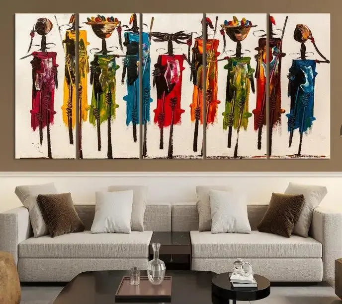 Abstract African Women Wall Art Canvas Print featuring tall, slender figures is crafted on museum-quality canvases.