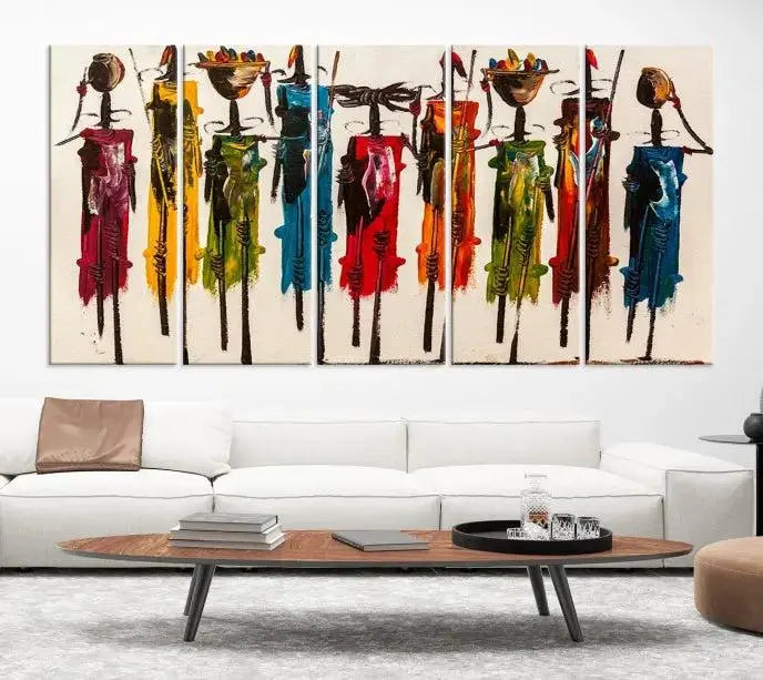 Abstract African Women Wall Art Canvas Print featuring tall, slender figures is crafted on museum-quality canvases.