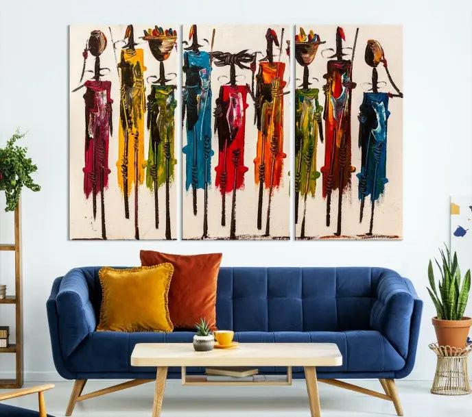 Abstract African Women Wall Art Canvas Print featuring tall, slender figures is crafted on museum-quality canvases.