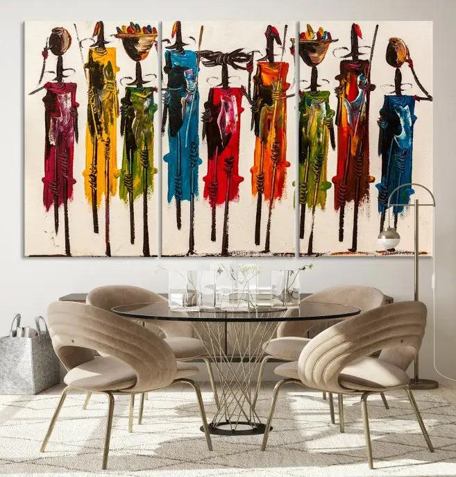 Abstract African Women Wall Art Canvas Print featuring tall, slender figures is crafted on museum-quality canvases.