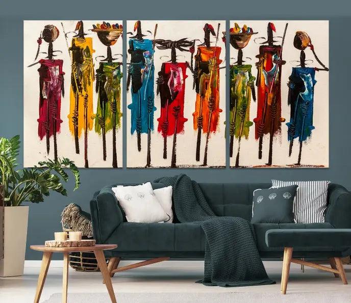 Abstract African Women Wall Art Canvas Print featuring tall, slender figures is crafted on museum-quality canvases.