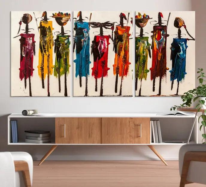 Abstract African Women Wall Art Canvas Print featuring tall, slender figures is crafted on museum-quality canvases.