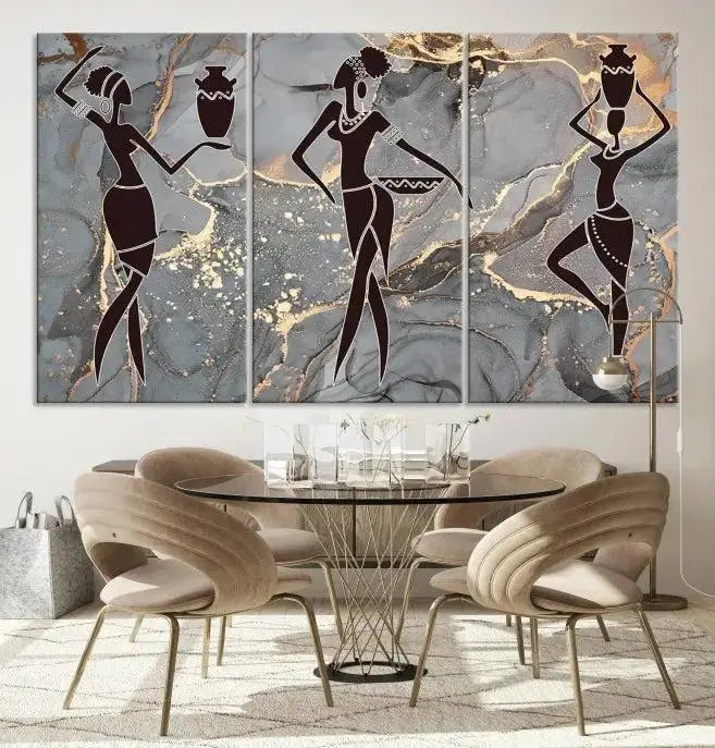 A canvas print titled "Abstract African Womens Art," with UV-protective coating, is displayed in three panels against a dark wall.