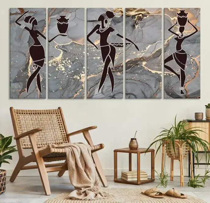 A canvas print titled "Abstract African Womens Art," with UV-protective coating, is displayed in three panels against a dark wall.