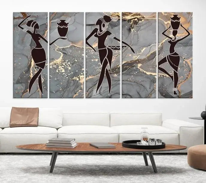 A canvas print titled "Abstract African Womens Art," with UV-protective coating, is displayed in three panels against a dark wall.