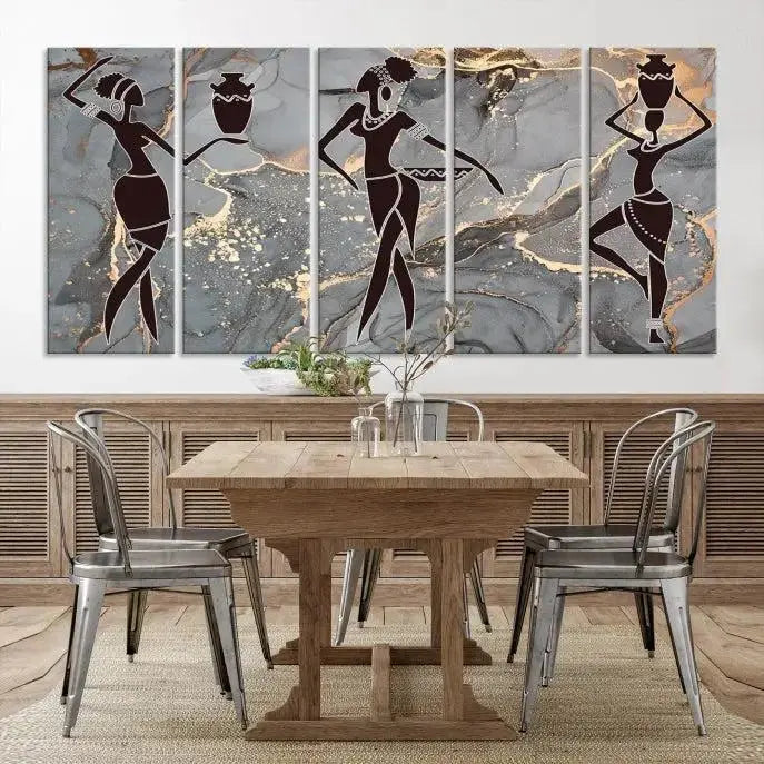 A canvas print titled "Abstract African Womens Art," with UV-protective coating, is displayed in three panels against a dark wall.