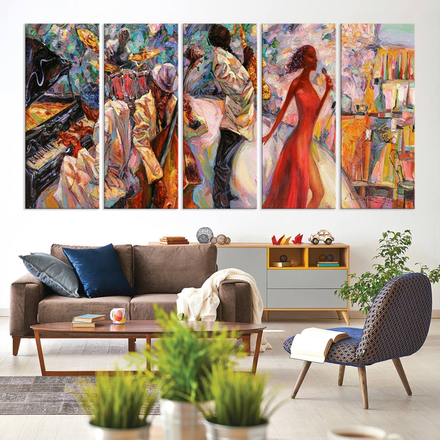 40574-MGV-CV-60X31-5P-Abstract Afro American Jazz Canvas Wall Art | Music-Inspired Painting for Dining Room, Living Room, or Music Studio