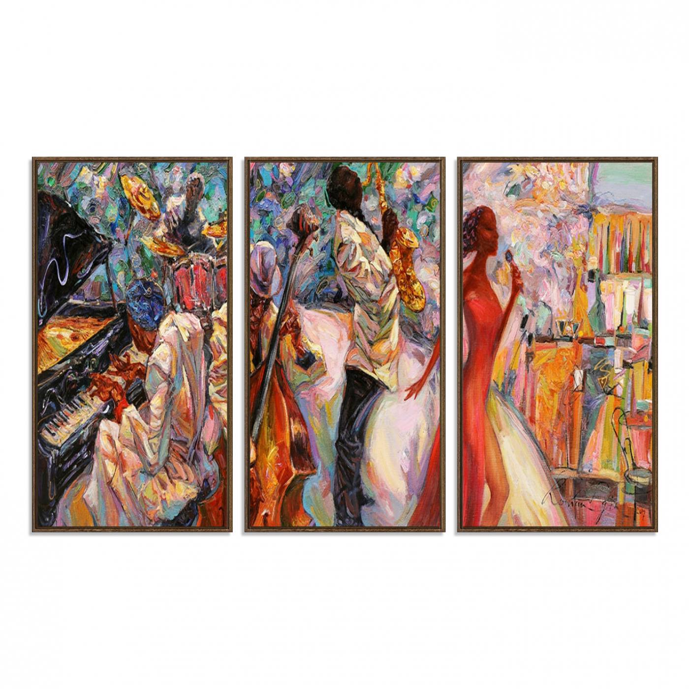 40574-MGV-FC-48X32-3P_Walnut-Abstract Afro American Jazz Canvas Wall Art | Music-Inspired Painting for Dining Room, Living Room, or Music Studio