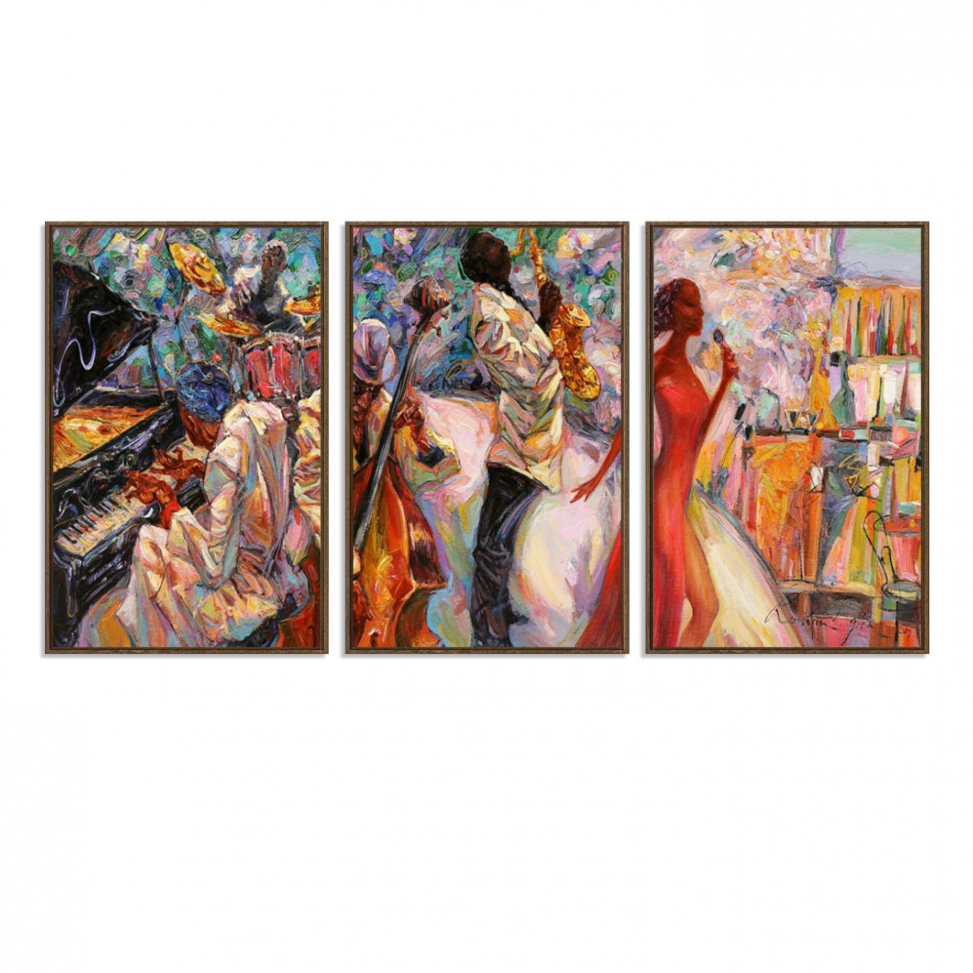 40574-MGV-FC-60X30-3P_Walnut-Abstract Afro American Jazz Canvas Wall Art | Music-Inspired Painting for Dining Room, Living Room, or Music Studio