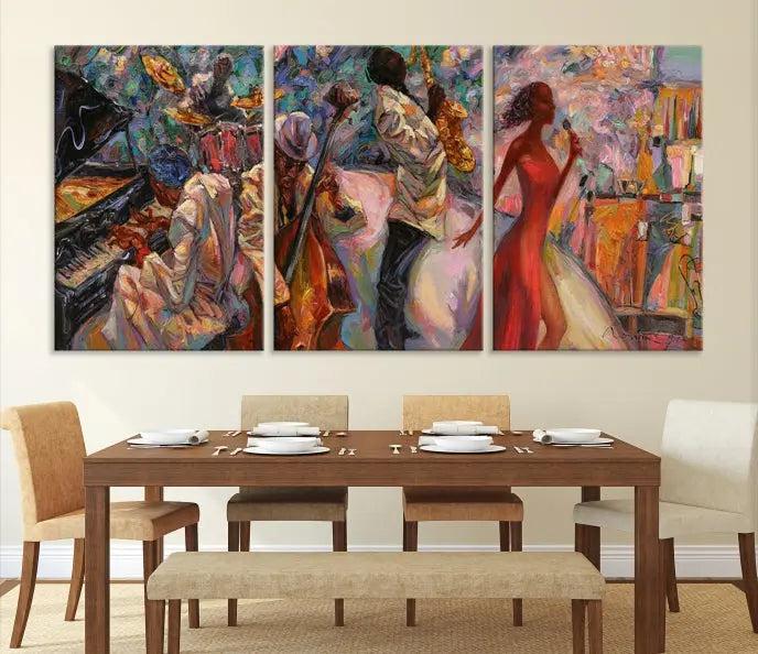 The "Abstract Afro American Jazz Canvas Wall Art," featuring music-inspired paintings, adorns the wall and enhances your home's décor with vibrant and expressive artistry.