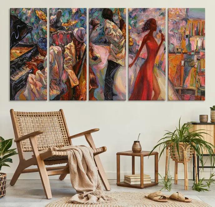 The "Abstract Afro American Jazz Canvas Wall Art," featuring music-inspired paintings, adorns the wall and enhances your home's décor with vibrant and expressive artistry.