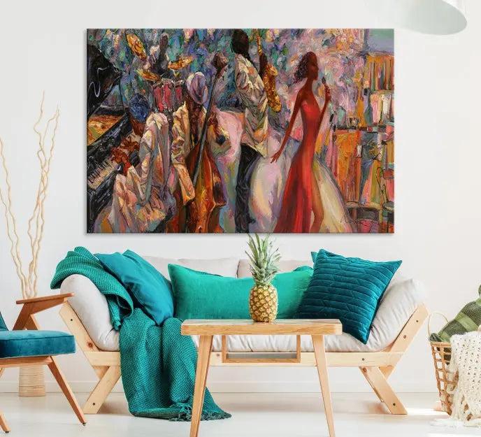 The "Abstract Afro American Jazz Canvas Wall Art," featuring music-inspired paintings, adorns the wall and enhances your home's décor with vibrant and expressive artistry.