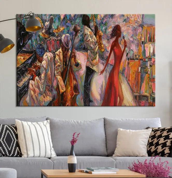 The "Abstract Afro American Jazz Canvas Wall Art," featuring music-inspired paintings, adorns the wall and enhances your home's décor with vibrant and expressive artistry.