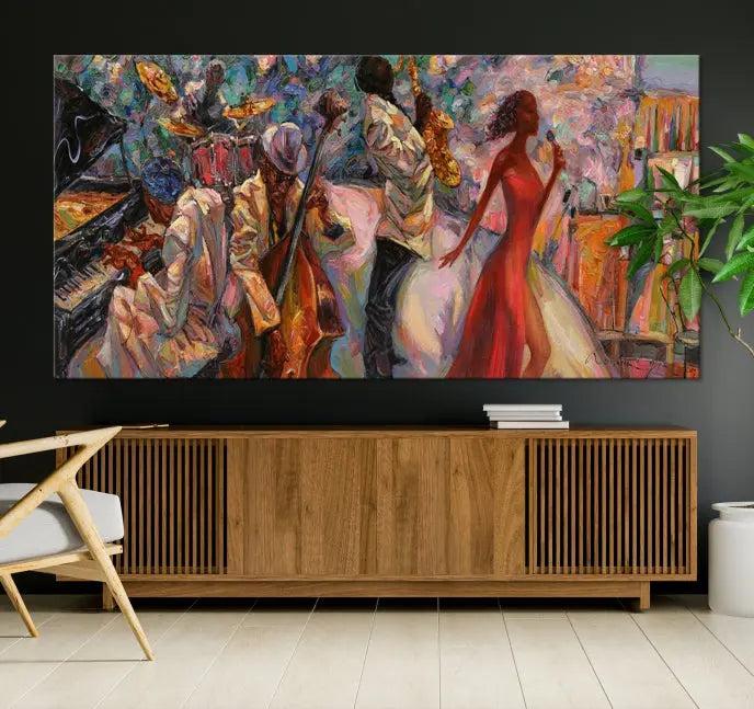 The "Abstract Afro American Jazz Canvas Wall Art," featuring music-inspired paintings, adorns the wall and enhances your home's décor with vibrant and expressive artistry.