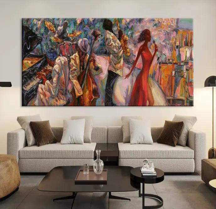 The "Abstract Afro American Jazz Canvas Wall Art," featuring music-inspired paintings, adorns the wall and enhances your home's décor with vibrant and expressive artistry.