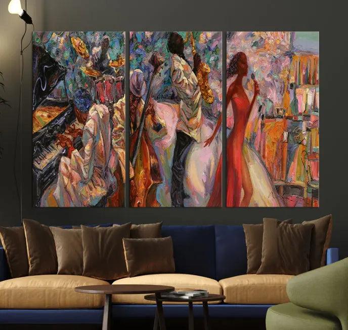 The "Abstract Afro American Jazz Canvas Wall Art," featuring music-inspired paintings, adorns the wall and enhances your home's décor with vibrant and expressive artistry.