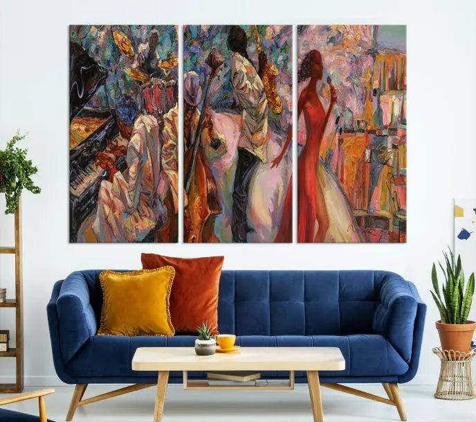 The "Abstract Afro American Jazz Canvas Wall Art," featuring music-inspired paintings, adorns the wall and enhances your home's décor with vibrant and expressive artistry.