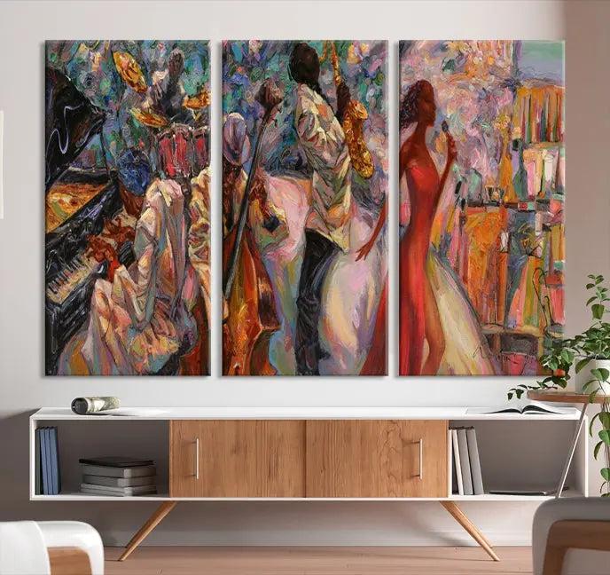 The "Abstract Afro American Jazz Canvas Wall Art," featuring music-inspired paintings, adorns the wall and enhances your home's décor with vibrant and expressive artistry.