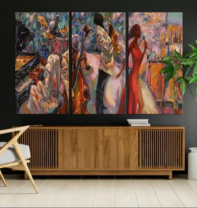 The "Abstract Afro American Jazz Canvas Wall Art," featuring music-inspired paintings, adorns the wall and enhances your home's décor with vibrant and expressive artistry.