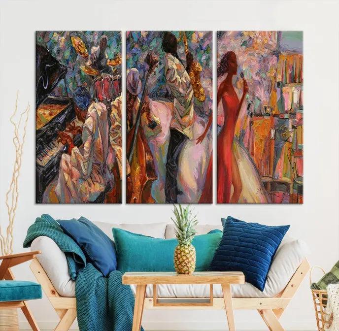 The "Abstract Afro American Jazz Canvas Wall Art," featuring music-inspired paintings, adorns the wall and enhances your home's décor with vibrant and expressive artistry.