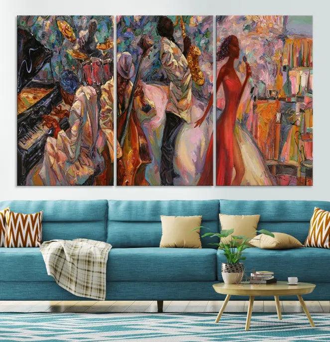 The "Abstract Afro American Jazz Canvas Wall Art," featuring music-inspired paintings, adorns the wall and enhances your home's décor with vibrant and expressive artistry.