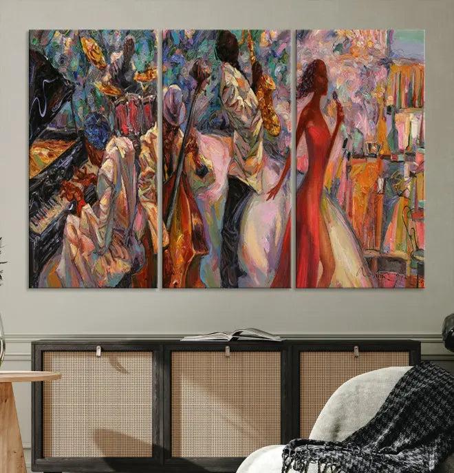 The "Abstract Afro American Jazz Canvas Wall Art," featuring music-inspired paintings, adorns the wall and enhances your home's décor with vibrant and expressive artistry.